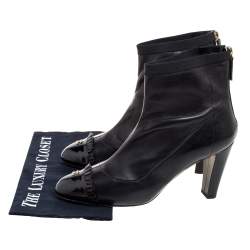 Pre Owned Chanel Black Leather And Patent Leather CC Cap Toe Ankle Boots Size 40