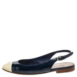 Pre Owned Chanel Blue/Cream Patent Leather CC Cap Toe Slingback Flats Size 38