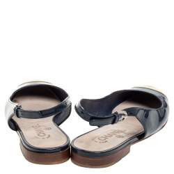 Pre Owned Chanel Blue/Cream Patent Leather CC Cap Toe Slingback Flats Size 38