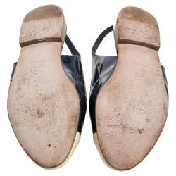 Pre Owned Chanel Blue/Cream Patent Leather CC Cap Toe Slingback Flats Size 38