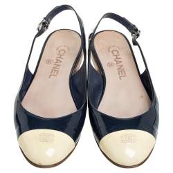 Pre Owned Chanel Blue/Cream Patent Leather CC Cap Toe Slingback Flats Size 38
