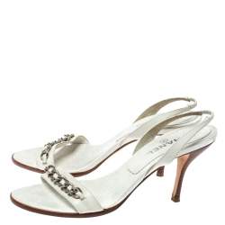 Pre Owned Chanel White Leather Chain Embellished Slingback Open Toe Sandals Size 41