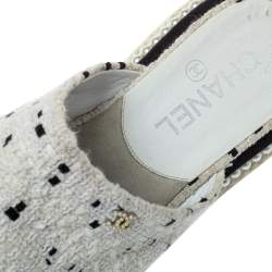 Pre Owned Chanel White/Black Tweed Pearl Embellished Cap Toe Flat Mules Size 36