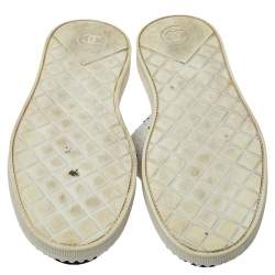 Pre Owned Chanel White/Black Tweed Pearl Embellished Cap Toe Flat Mules Size 36