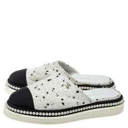 Pre Owned Chanel White/Black Tweed Pearl Embellished Cap Toe Flat Mules Size 36