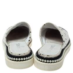 Pre Owned Chanel White/Black Tweed Pearl Embellished Cap Toe Flat Mules Size 36