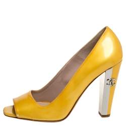 Pre Owned Chanel Yellow Patent Leather Open Toe CC Pumps Size 38