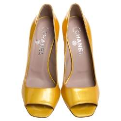 Pre Owned Chanel Yellow Patent Leather Open Toe CC Pumps Size 38
