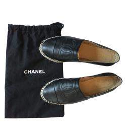 Pre Owned Chanel Black Lambskin Leather Espadrilles Size 38