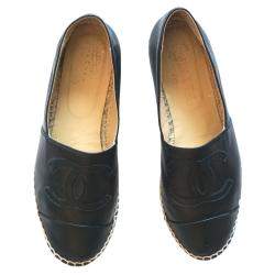 Pre Owned Chanel Black Lambskin Leather Espadrilles Size 38