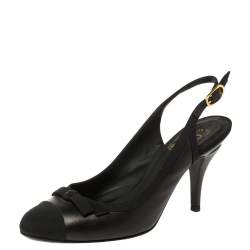 Pre Owned صندل شانيل قماش وجلد أسود بحزام للكاحل مقاس 36.5