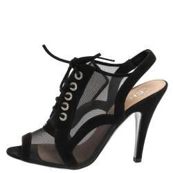 Pre Owned حذاء بوتي شانيل مقدمة مفتوحة سي سي حواف سويدي وشبك أسود مقاس 38