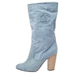 Pre Owned Channel Light Blue Denim Fabric Mid Calf CC Cap Toe Boots Size 39
