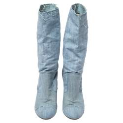 Pre Owned Channel Light Blue Denim Fabric Mid Calf CC Cap Toe Boots Size 39