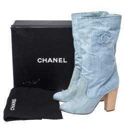 Pre Owned Channel Light Blue Denim Fabric Mid Calf CC Cap Toe Boots Size 39