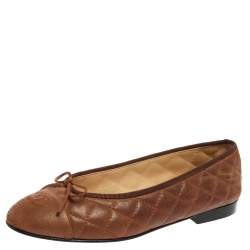 Pre Owned Chanel Brown Quilted Leather CC Bow Cap Toe Ballet Flats Size 39