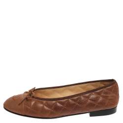 Pre Owned Chanel Brown Quilted Leather CC Bow Cap Toe Ballet Flats Size 39