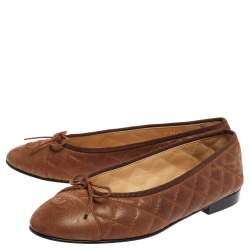Pre Owned Chanel Brown Quilted Leather CC Bow Cap Toe Ballet Flats Size 39