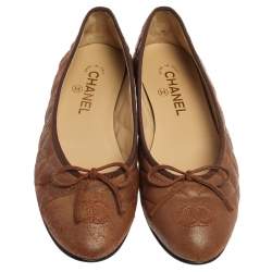 Pre Owned Chanel Brown Quilted Leather CC Bow Cap Toe Ballet Flats Size 39