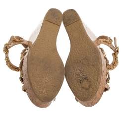 مملوكة مسبقًا Chanel Beige Leather Chain Link CC Wedge Ankle Strap Sandals Size 38