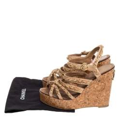 مملوكة مسبقًا Chanel Beige Leather Chain Link CC Wedge Ankle Strap Sandals Size 38
