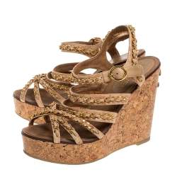 مملوكة مسبقًا Chanel Beige Leather Chain Link CC Wedge Ankle Strap Sandals Size 38