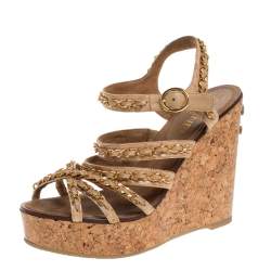 مملوكة مسبقًا Chanel Beige Leather Chain Link CC Wedge Ankle Strap Sandals Size 38