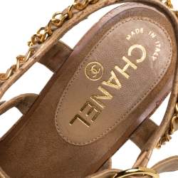مملوكة مسبقًا Chanel Beige Leather Chain Link CC Wedge Ankle Strap Sandals Size 38