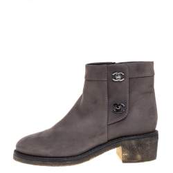 Chanel Grey Nubuck CC Turnlock Ankle Boots Size 39C