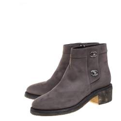 Chanel Grey Nubuck CC Turnlock Ankle Boots Size 39C