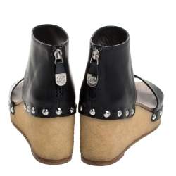 Pre Owned صندل شانيل كعب روكي نعل سميك مرصع سوار كاحل جلد أسود مقاس 38