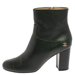 Chanel Green Leather CC Block Heel Ankle Booties Size 39.5