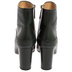 Chanel Green Leather CC Block Heel Ankle Booties Size 39.5