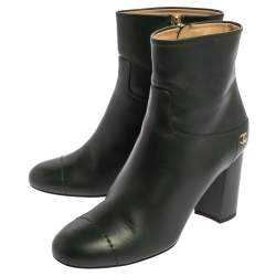 Chanel Green Leather CC Block Heel Ankle Booties Size 39.5