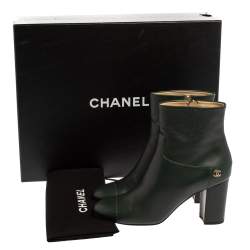 Chanel Green Leather CC Block Heel Ankle Booties Size 39.5