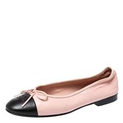 Chanel Pink/Black Leather Bow CC Cap Toe Ballet Flats Size 38 Chanel