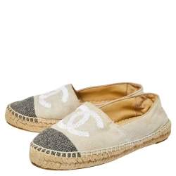 مملوكة مسبقًا Chanel White/Black Canvas And Tweed Fabric Sequins Embellished CC Cap Toe Espadrilles Flats Size 37