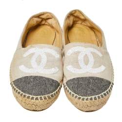 مملوكة مسبقًا Chanel White/Black Canvas And Tweed Fabric Sequins Embellished CC Cap Toe Espadrilles Flats Size 37
