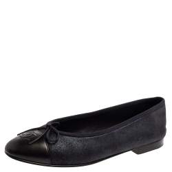 Pre Owned Chanel Black/ Metallic Blue Suede And Leather CC Cap Toe Ballet Flats Size 38.5