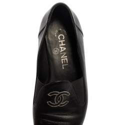 Pre Owned Chanel Black Leather CC Slip On Loafers Size 35.5