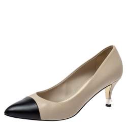 Pre Owned حذاء كعب عالى شانيل غطاء مقدمة جلد أسود / أبيض كريمى مقاس 38