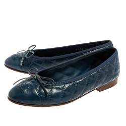 Pre Owned Chanel Blue Quilted Leather CC Bow Ballet Flats Size 35.5
