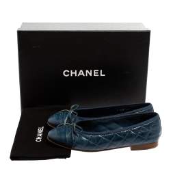Pre Owned Chanel Blue Quilted Leather CC Bow Ballet Flats Size 35.5
