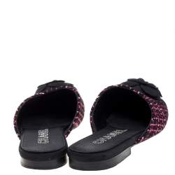 Pre Owned Chanel Black/Pink Tweed Fabric Camellia Flower Cap Toe Slide Mules Size 36.5