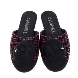 Pre Owned Chanel Black/Pink Tweed Fabric Camellia Flower Cap Toe Slide Mules Size 36.5