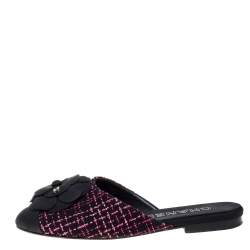 Pre Owned Chanel Black/Pink Tweed Fabric Camellia Flower Cap Toe Slide Mules Size 36.5