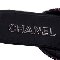 Pre Owned Chanel Black/Pink Tweed Fabric Camellia Flower Cap Toe Slide Mules Size 36.5