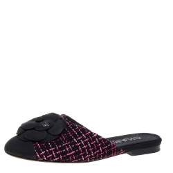 Pre Owned Chanel Black/Pink Tweed Fabric Camellia Flower Cap Toe Slide Mules Size 36.5