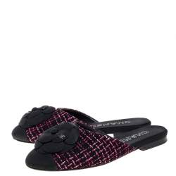 Pre Owned Chanel Black/Pink Tweed Fabric Camellia Flower Cap Toe Slide Mules Size 36.5