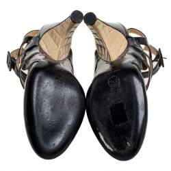 مملوكة مسبقًا Chanel Black Leather Strappy Ankle Strap Wedge Heel Slingback Sandals Size 38